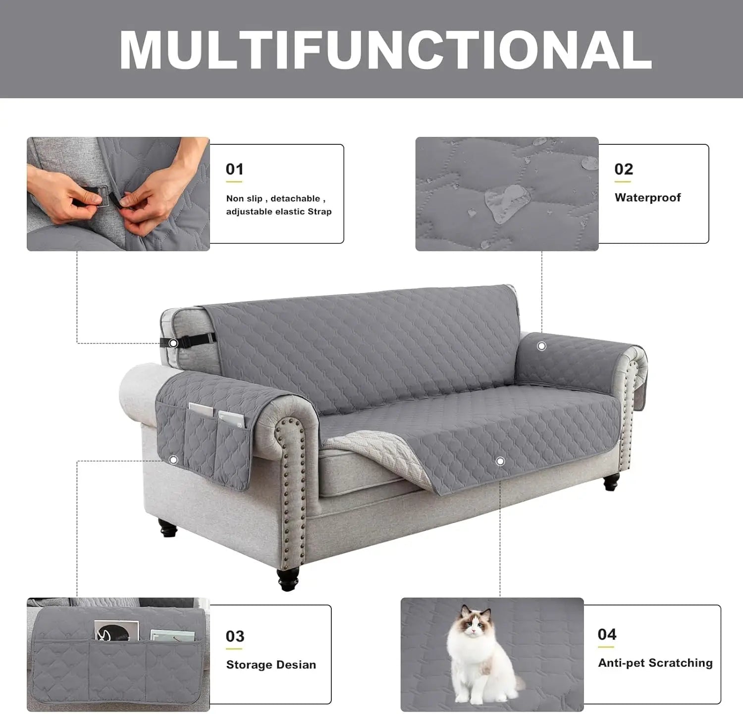PawfectFriend Waterproof Slipcovers 1/2/3/4 Seater Non-Slip Washable Sofa Protector with Elastic Straps – Pet & Kid Friendly