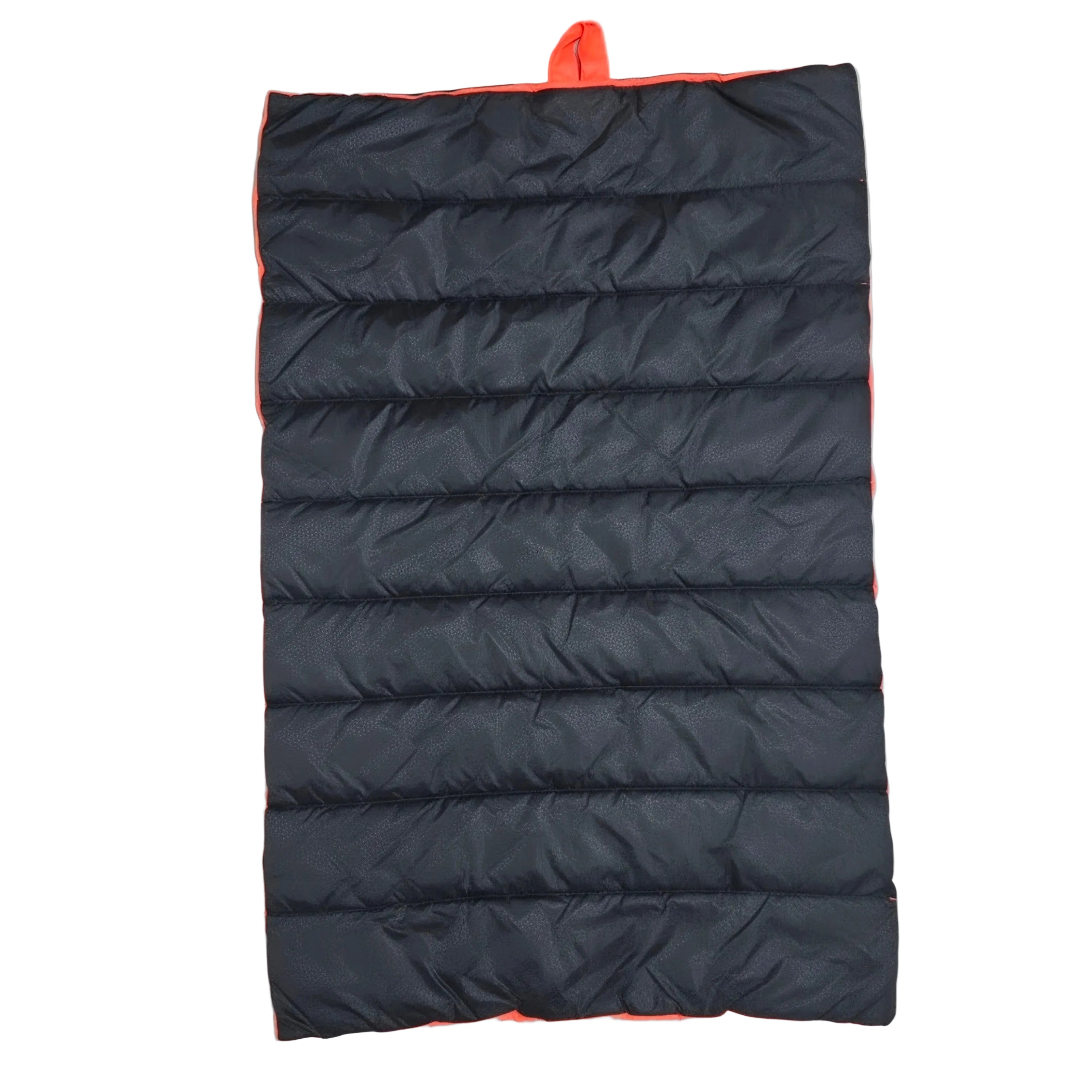A black puffer sleeping pad with bright orange trim and a top carry loop, laid flat on a light wood floor.