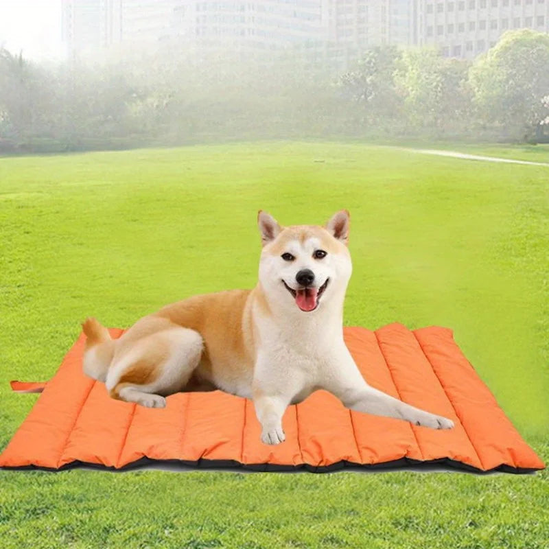 An orange inflatable dog mat with a tan and white Shiba Inu dog lying on it, set against a blurred green park background.