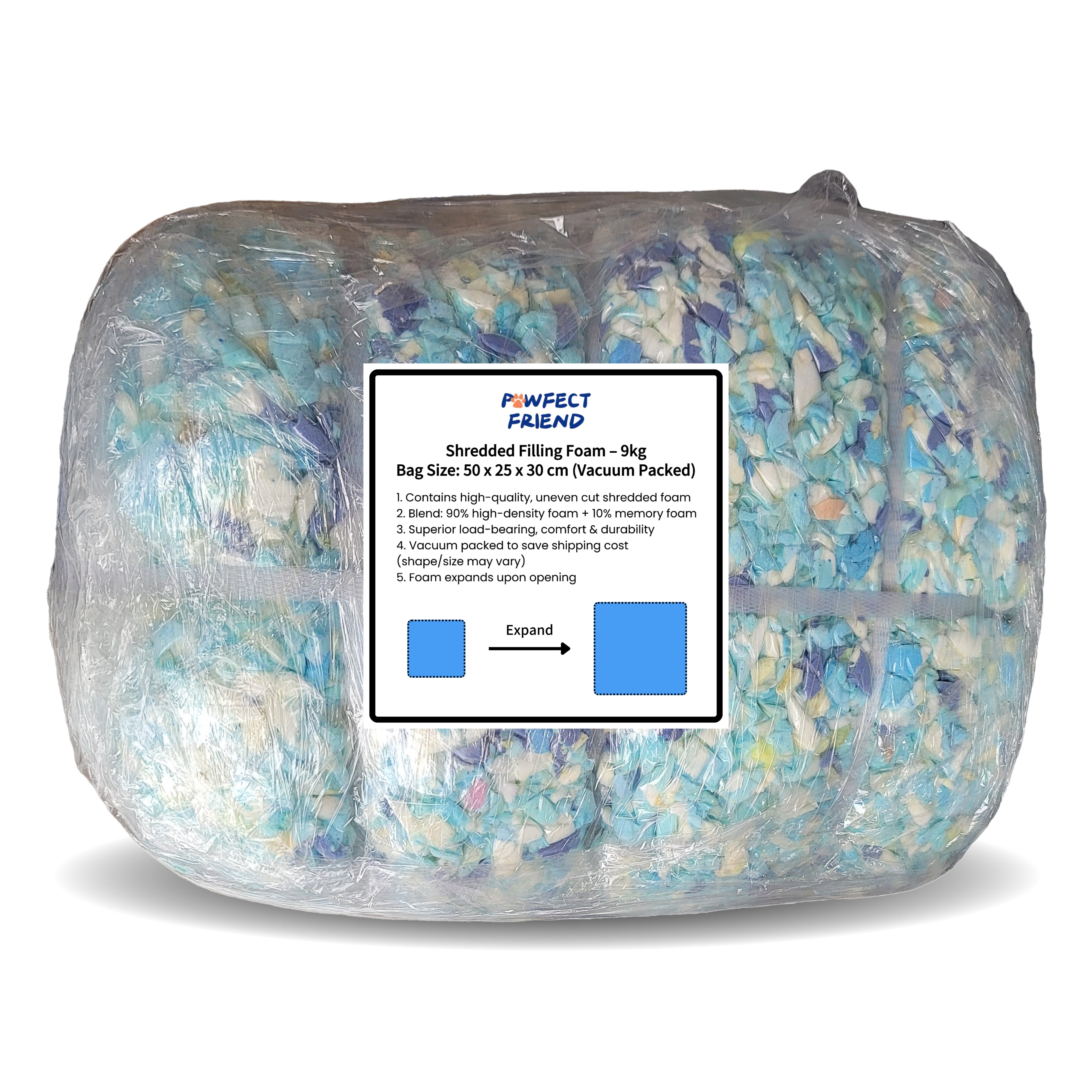 PawfectFriend 9KG Shredded High-Density Foam Filling – Memory Foam Blend for Dog Beds, Pillows, Cushions & Bean Bags (400L Expanded) 